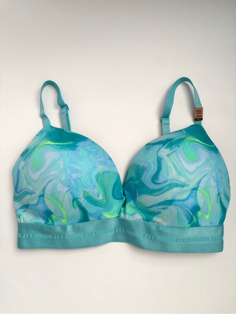 PINK Victoria's Secret Bra Blue Green Marbled Wireless Push Up Nwt 32DD